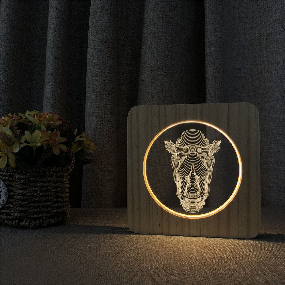 Veilleuse en Bois 3D Rhinocéros