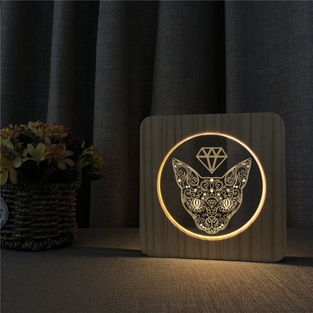 Veilleuse en Bois 3D Roi des Chats